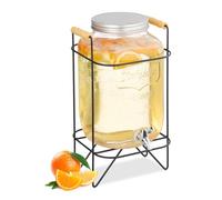 Relaxdays Dispensador Bebidas con Soporte, Recipiente Limonada 8 L, Grifo de Hierro y Tapa, Cristal, Transparente/Negro