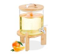 Relaxdays Dispensador Bebidas Frías y Calientes, Grifo, Soporte Bambú, Termómetro, Recipiente Limonada 5 L, Transparente