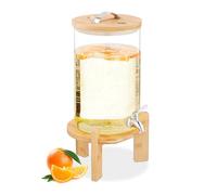 Relaxdays Dispensador Bebidas Frías y Calientes, Grifo, Soporte Bambú, Termómetro, Recipiente Limonada 8 L, Transparente