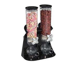 Relaxdays Dispensador Cereales Doble, Dosificador Frutos Secos, Desayuno, Botes Golosinas, Recipientes Plástico, Negro
