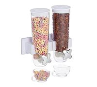 Relaxdays Dispensador Cereales Doble, Montaje Pared, Dosificador Frutos Secos, Botes Caramelos, Avena, Plástico, Blanco