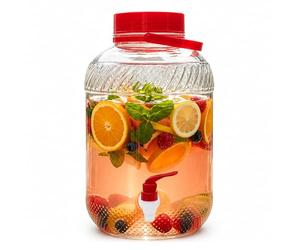 Relaxdays Dispensador de bebidas, 10 litros, cristal, bebidas frías, grifo, tapa, asa de transporte, dispensador de agua, transparente/rojo