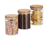 Relaxdays Envases para Alimentos, Set de recipientes, 600 ml, 14x9,5 cm, Redondos, Tapa de bambú, 3 Uds.