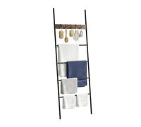 Relaxdays Escalera para Toallas, 4 peldaños, Negro/marrón | 177x60 cm, MDF y metal, 5 ganchos, baño/dormitorio