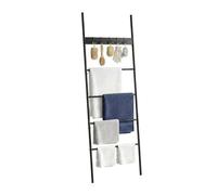 Relaxdays Escalera toallero Negra, 4 peldaños, para baño y Dormitorio | 5 ganchos, 177x60 cm, MDF y metal