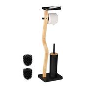Relaxdays Escobillero y Portarrollos para Baño, 80,5x23x18 cm, Bambú, Vertical, Escobilla con Soporte, Negro/Natural