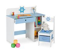Relaxdays Escritorio Infantil con Silla, Cajón y 2 Compartimentos, Diseño Marinero, Muebles para Niños, Azul y Blanco