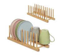 Relaxdays Escurreplatos Juego de 2, 10 Platos c/u, Tapas de Olla, Tablas de Picar, Escurridor Vajilla Bambú, Natural