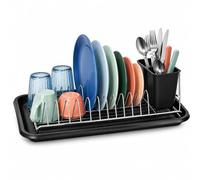 Relaxdays Escurridor de Platos para Cocina, Negro y Plata | Secaplatos para 12 Platos con Cesta para Cubiertos, Metal y Plástico, 13 x 43 x 23 cm