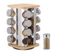 Relaxdays Especiero Giratorio con 16 Botes Especias, Gira 360°, Acero, Bambú, Cristal, 28x20x20 cm, Plateado/Natural