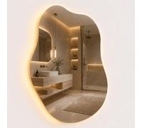 Relaxdays Espejo de baño Welle, LED Regulables, antivaho, IP44, 80 x 52 cm | Espejo LED táctil, 3 modos de luz, calefacción, espejo asimétrico, vidrio & hierro, cable con enchufe europeo