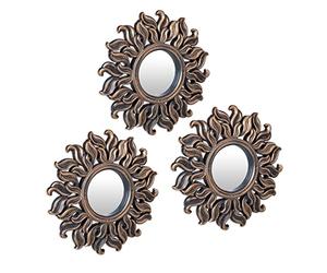 Relaxdays Espejos Pared Set 3 Rayos Solares, Redondos, Salón, Pasillo, Decorativos, Ø 24 cm c/u, Marco Plástico, Bronce, 24 x 2 cm Aprox