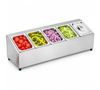 Relaxdays Estación Gastronómica de 5 Compartimentos GN 1/6, Plata | Organizador de Ingredientes para Pizza y Tapas, Acero Inoxidable, 21,5 x 86 x 22,5 cm