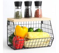 Relaxdays Estante de Fruta de Pared, Organizador de Cocina Colgante, 22 x 30 x 20 cm, Cesta metálica, Negro/Natural