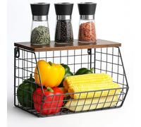 Relaxdays Estante de Pared para Fruta, Organizador de Cocina, HBT: 22 x 30 x 20 cm, Cesta metálica, Negro/marrón Oscuro