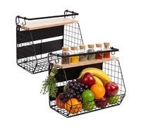 Relaxdays Estante de Pared para Frutas Juego de 2, Organizador magnético, HBT: 30x35,5x21 cm, Cesta metálica, Negra/Nat.