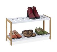 Relaxdays Estante Zapatero, 2 Niveles, 6 Pares de Zapatos, 35,5 x 70 x 26,5 cm Aprox, MDF y Bambú, Blanco y Natural, Tablero de Fibras