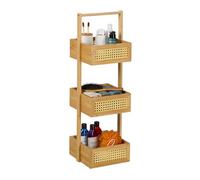 Relaxdays Estantería Baño, 3 Repisas con Ratán, 83 x 27 x 26 cm, Mueble WC y Cocina, sin Taladro, Bambú, MDF, Natural