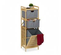 Relaxdays Estantería Baño con Cesto Ropa Sucia, Basculante, 30 L, Balda y 2 Cajones, Bambú, 120x40x33 cm, Natural/Gris