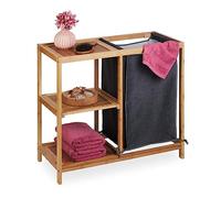 Relaxdays Estantería Cesto Ropa Sucia Bambú, 3 Baldas, 65 x 68 x 33 cm, Saco Extraíble, Cubo Lavandería, Natual/Gris