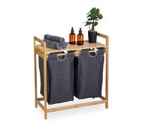 Relaxdays Estantería Cesto Ropa Sucia, Bambú, Extraíbles, 73x64x33 cm, 2 Sacos y 1 Balda, Cubo Lavandería, Natural/Gris