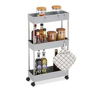 Relaxdays Estantería con Ruedas, 3 Baldas, 70 x 15,5 x 40,5 cm, Carrito Estrecho para Baño y Cocina, 4 Ganchos, Gris