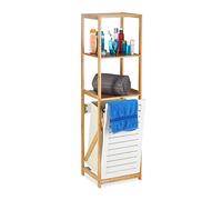 Relaxdays Estantería de Baño con Cesto para Colada, Beige-Blanco, Bambú-Tela, 130 x 37 x 33 cm