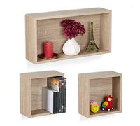 Relaxdays Estantería de Pared Cubo, Set de 3, Estante Colgante Efecto Madera, 2 Tamaños, Rectangular y Cuadrado, Natural