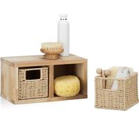 Relaxdays, estantería de pared de nogal, juego de 3 unidades, sistema de estanterías, cada una con 2 cestas extraíbles, ideal para baño, cocina o salón, color natural