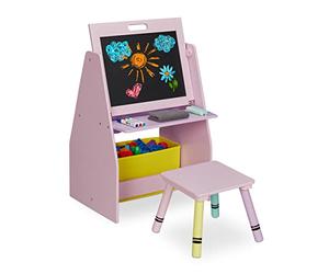Relaxdays Estantería Infanftil con Pizarra y Taburete, Estante con 2 Compartimentos y 1 Caja de Tela, 84x52x45 cm, Rosa