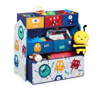 Relaxdays Estantería Infantil, 6 Cajas Tela, Monstruos, Librería Niños, Ruedas, 66x63,5x30cm, Caja Juguetes, Multicolor