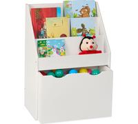 Relaxdays Librería Infantil con Juguetero, Estantería Niños, 69,5 x 50,5 x 28 cm, 3 Estantes, Cajón con Ruedas, Blanco