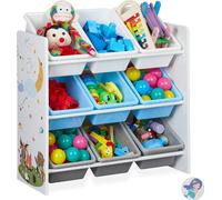 Relaxdays: Estantería infantil, cajas de almacenamiento con motivos de fogata, material MDF y plástico; práctica, organizada y apta para niños