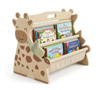 Relaxdays estantería Infantil de Madera, diseño Jirafa, Natural | 4 cajones de tela, reversible, 32,5 x 44,5 x 28 cm