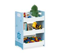 Relaxdays Estantería Infantil Marinero, 5 Estantes, MDF, Organizador Juguetes Niños, Asas, 60x42,5x30 cm, Blanco y Azul, Tablero de Fibras