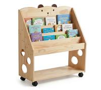 Relaxdays Estantería Infantil, Ruedas y Pizarra, de Madera Natural | (Al x An x Fon) : 85 x 70 x 29,5 cm, 5 estantes, estantería infantil «Oso»