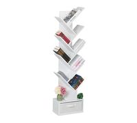 Relaxdays Estantería Libros, 9 Estantes, Librería Árbol, 146 x 38 x 22 cm, para CDs y DVDs, con Cajón, Salón, Blanco