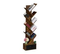 Relaxdays Estantería Libros, 9 Estantes, Librería Árbol, 146 x 38 x 22 cm, para CDs y DVDs, Salón, con Cajón, Marrón