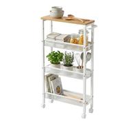 Relaxdays Estantería metálica con 4 Niveles, Ruedas, 77x13x45 cm, para baño y Cocina, Natural/Blanco