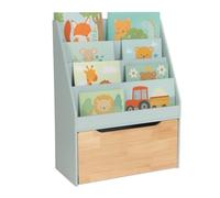 Relaxdays Estantería niños, 80 x 60 x 30 cm, 4 estantes, Caja de Juguetes con Ruedas, Turquesa/Natural