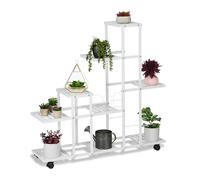 Relaxdays Estantería para Plantas Metálica, 9 Niveles, 91,5 x 93 x 26 cm, Repisas de Flores, con Ruedas, Metal, Blanco