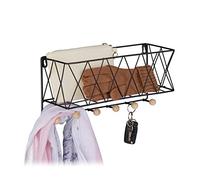 Relaxdays Estantería Pared con Perchero 6 Ganchos, Balda Flotante Diseño Rejilla, Metal y Madera, 17x36x13 cm, Negro