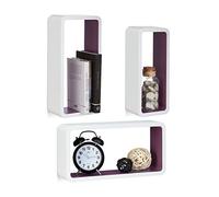 Relaxdays Estantes Pared en Forma de Cubo, Madera, Blanco y Violeta, 10x44x24 cm, 3 Unidades