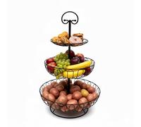 Relaxdays Etagere de frutas de 3 niveles, metal, HxD: 47 x 30 cm, fruta, verdura, con asa, frutero redondo, negro