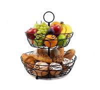 Relaxdays Etagere de Frutas de Dos Niveles, Metal, HxD: 30 x 31 cm, Frutas, Verduras, con asa, frutero, Negro
