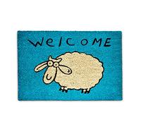 Relaxdays Felpudo Welcome Oveja, Alfombrilla Entrada de Coco y PVC, Alfombra 40 x 60 cm Antideslizante, Azul
