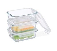 Relaxdays Fiambreras de Cristal con Tapa, Set de 3, 1040 ml, Recipientes Herméticos, Cierre de Plástico, Transparente