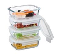 Relaxdays Fiambreras de Cristal con Tapa, Set de 4, 640 ml, Recipientes Herméticos, Cierre de Plástico, Transparente