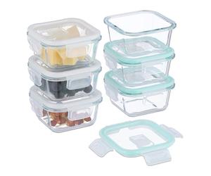 Relaxdays Fiambreras de Cristal con Tapa, Set de 6, 320 ml, Recipientes Herméticos, Cierre de Plástico, Transparente