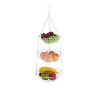 Relaxdays Frutero Colgante, 73x28 cm, 3 Niveles, Acero, Cesta Redonda Fruta y Verdura, Almacenamiento Cocina, Blanco